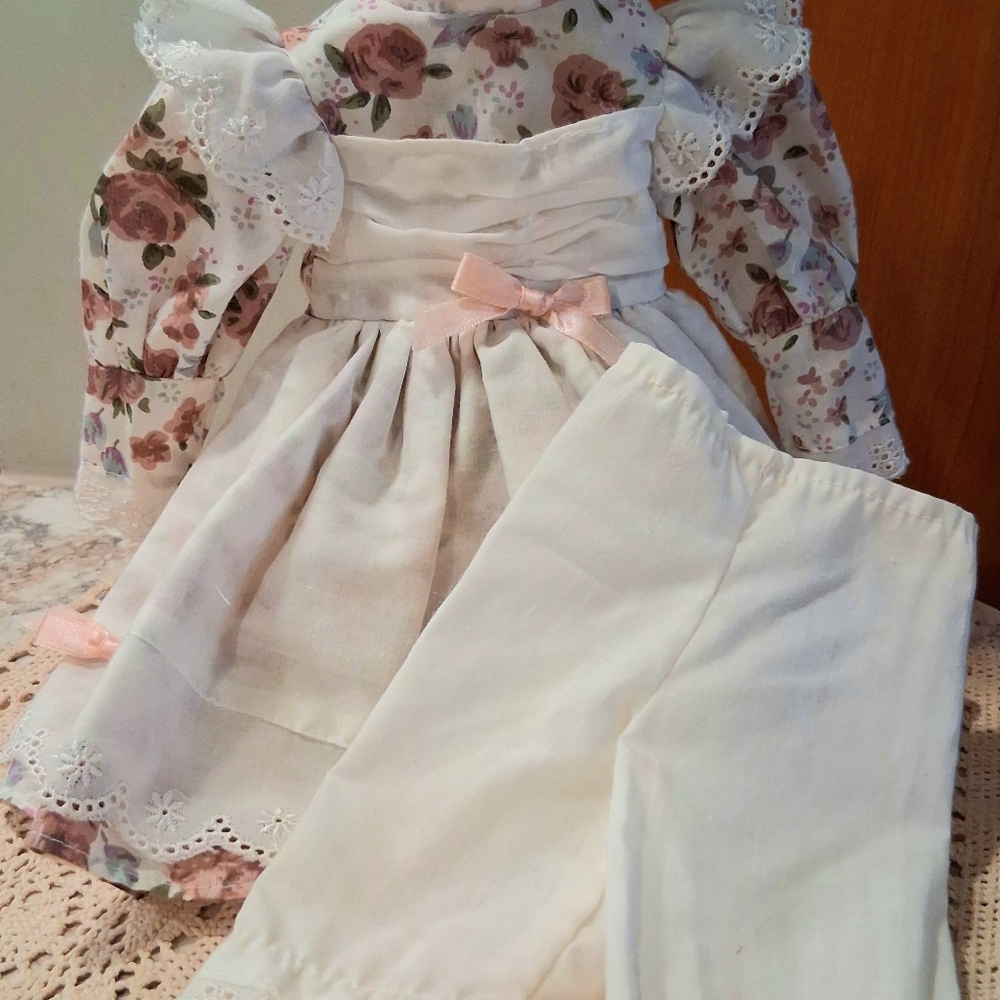 Adorable Vintage-Style Floral Dress & Cream Pantaloons For Small Dolls